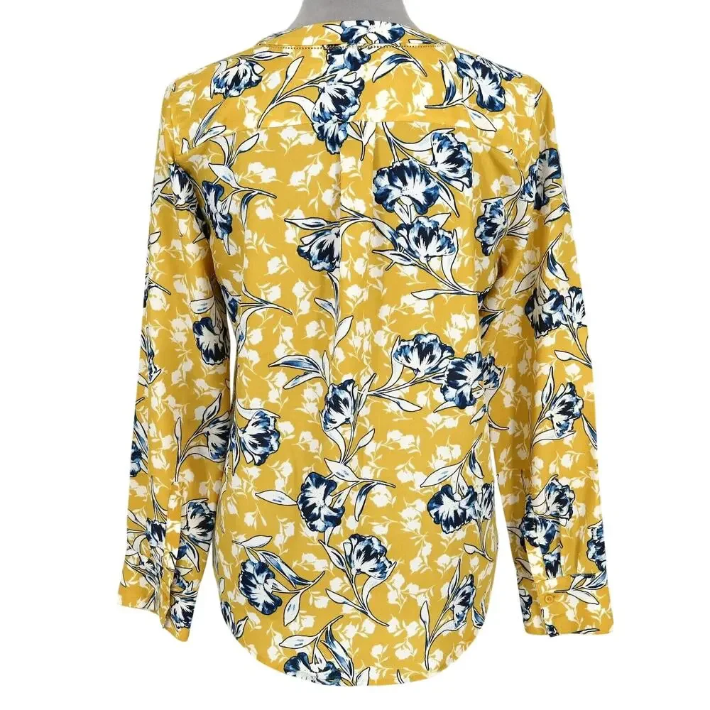J Crew Top Womens Small Gold Blue White Floral Tunic Blouse Pullover V-neck